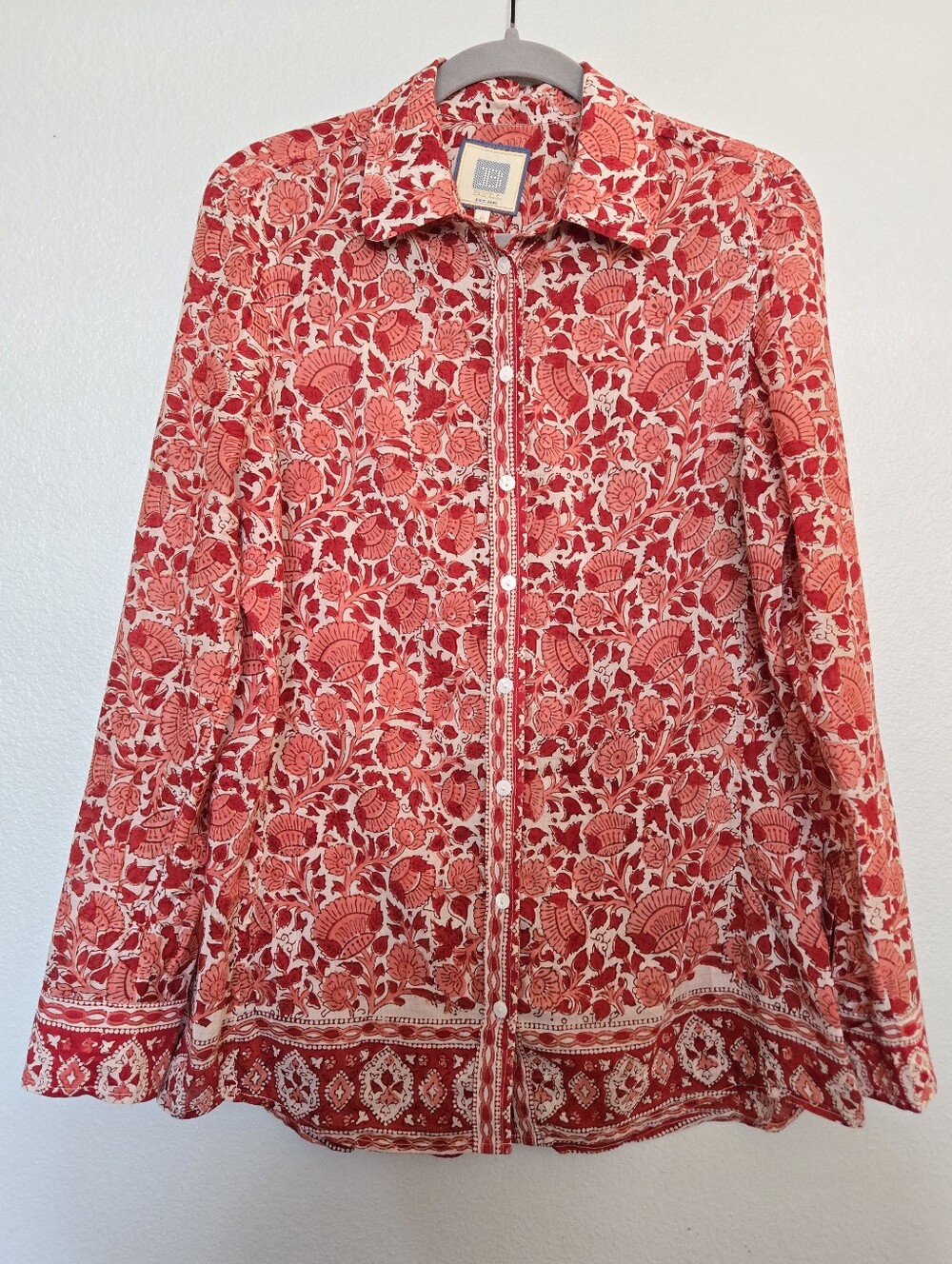 BELL by Alicia Bell Silk Cotton Floral Block Print Button Up Shirt Red Size 8